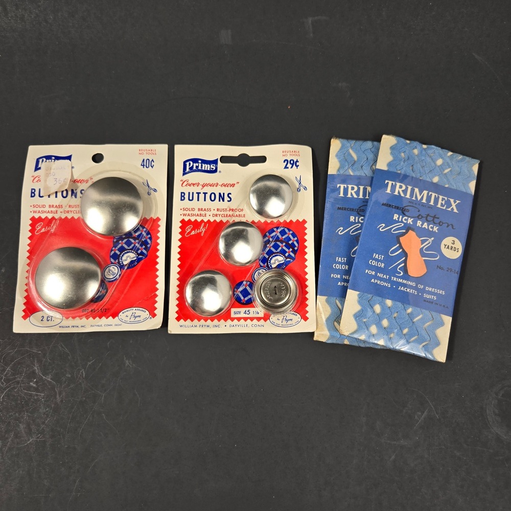 Vintage Prims Cover Your Own Buttons & Trimtex Blue Rick Rack Sewing Notions Lot